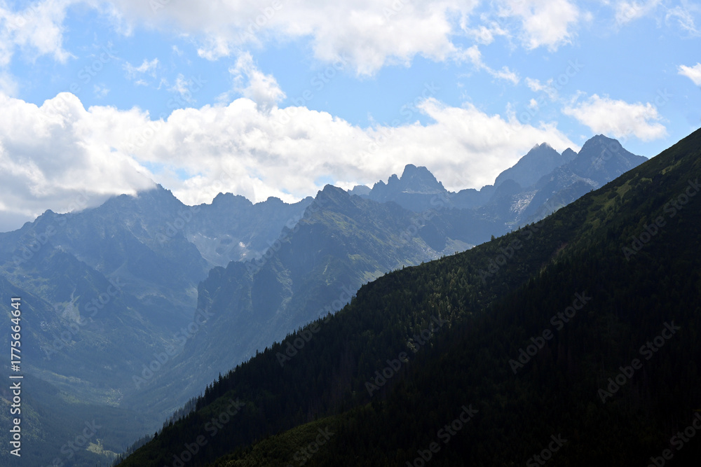 Fototapeta premium Gesia Szyja. Tatra Mountains. Tatra National Park. Beautiful panorama landscape and mountains peaks seen from Gesia Szyja. Zakopane, Poland