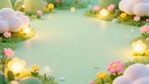 Whimsical landscape features soft sculpted flowers and glowing lights framing a peaceful stream