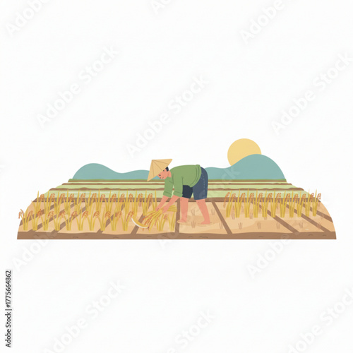 An illustration of a farmer harvesting rice in a paddy field during sunrise, with green hills in the background.
