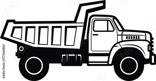 Heavy duty dump truck illustration, construction vehicle graphic, industrial transport design, black and white dump truck icon for engineering projects