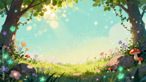 Enchanted woodland clearing basks under bright, ethereal sunlight filtering through canopy foliage.