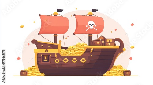 Pirate Ship Filled with Gold Coins and Treasures