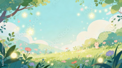 Whimsical meadow scene features glowing stars and a small creature among blossoming flora under a soft sky