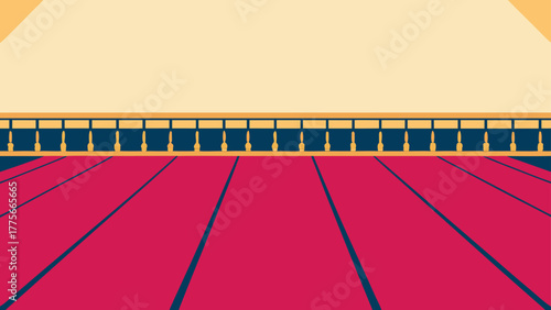 A stylized illustration of a red carpeted room with symmetrical elements and a light-colored ceiling.