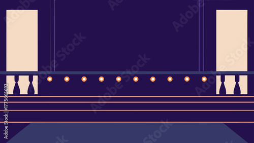 Interior view of a theater stage with architectural elements, lighting, and seating.