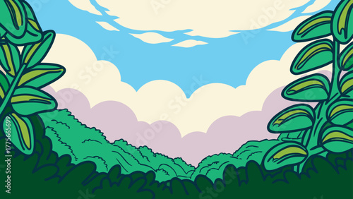 Illustration of a lush green landscape with rolling hills, a bright blue sky, and fluffy white clouds, framed by stylized foliage.