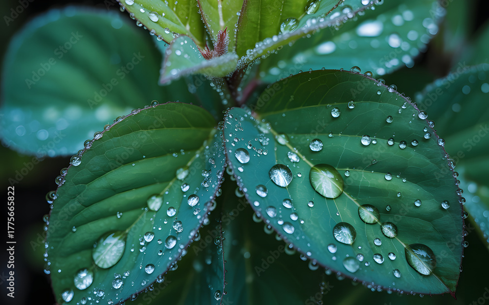 Obraz premium Close up of green leaves covered in glistening water droplets after rain