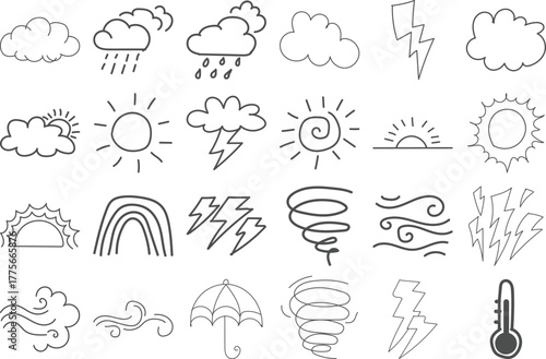 set of weather icon hand-drawn style, scribble doodle illustration with brush stroke, set of sign 