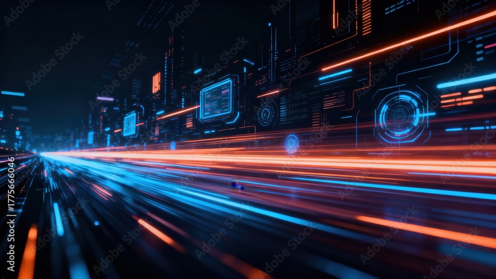 Fototapeta premium Digital data streams flow rapidly through a futuristic cityscape infrastructure