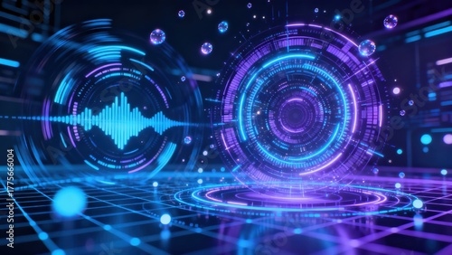 Glowing digital interfaces display audio waveforms and complex futuristic data structures