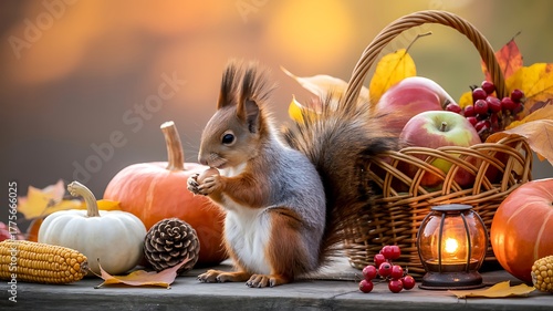 Autumn Squirrel Eating Nut Beside Apple Basket, Pumpkins, Lantern, and Seasonal Decor on Wooden Surface with Warm Blurred Background