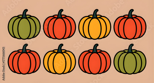 Colorful pumpkins in a row for fall or halloween