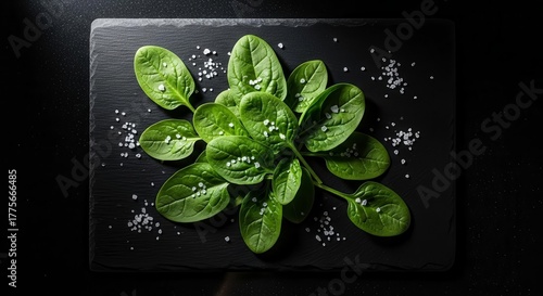 Fresh Spinach, Sea Salt, and Dark Slate Plate: A Culinary Composition for Fine Dining
