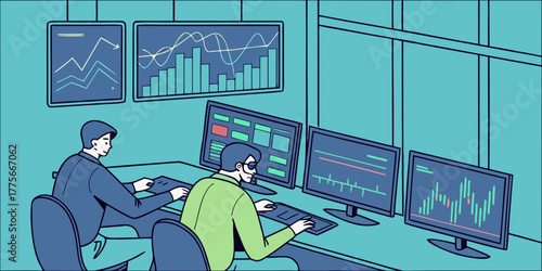 Financial analysts monitoring stock market data and charts in a trading room for investment analysis