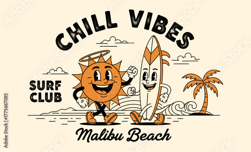 Sun and surfboard characters walking on malibu beach