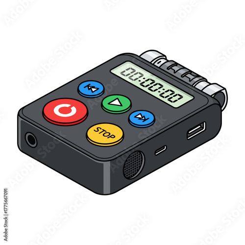 Clean Isometric Vector Illustration of Portable Audio Recorder with Multi-Colored Buttons