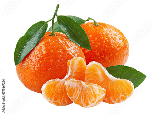 Two whole and segmented mandarins with leaves