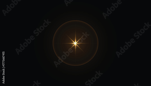 Golden starburst lens flare with circular halo on black background – glowing cross light, minimal futuristic abstract backdrop