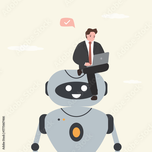 Artificial intelligence and the future of work. AI chatbot help businessman. Male employee sitting on multitasking robot. Bot to support in tasks