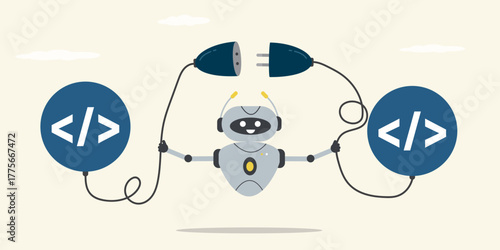 Robot connect sockets between coding program. Chat bot help coding and development app. API, application programming interface to connect between software,