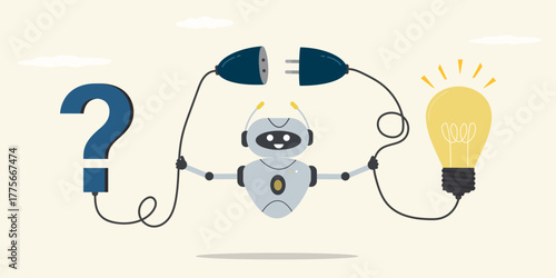Robot connect socket between idea light bulb and question. Chatbot help brainstorming or create new ideas. AI chat bot solving problem or overcoming obstacles.