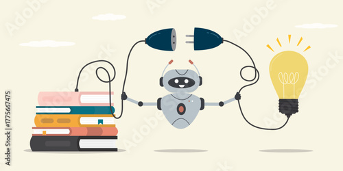 Robot connecting idea and books. Read book, improve literacy and skills. Search for answers to questions, brainstorm using neural network.