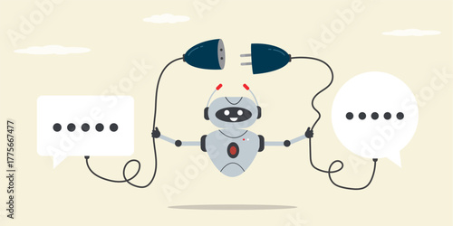 Robot connect socket between texting message. Discussion, conversation, meeting, colleague chatting, opinion. AI chat bot help solving problem or overcoming obstacles.