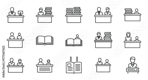 Line art illustration depicting students desks books and classroom scenes