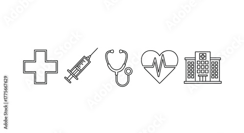 Medical icons depicting healthcare symbols cross syringe stethoscope heart and hospital