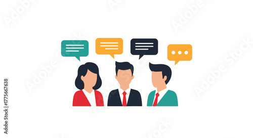 Three business professionals with speech bubbles representing communication and interaction