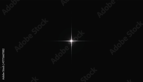 Minimal white starburst lens flare on black background – glowing cross light with subtle halo; cosmic sparkle, lighting effect, abstract backdrop