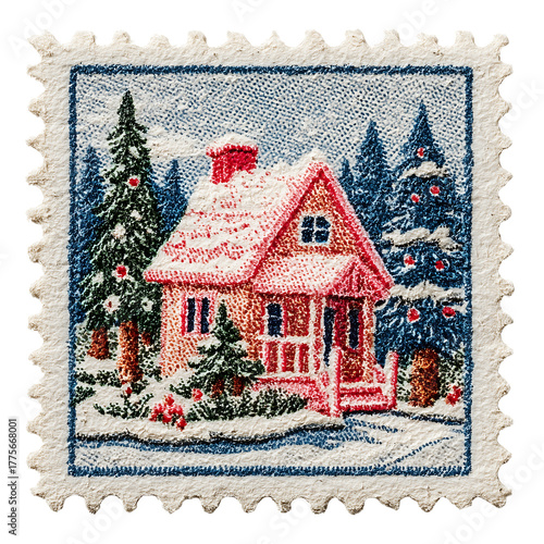 Christmas postage stamp on transparent white background