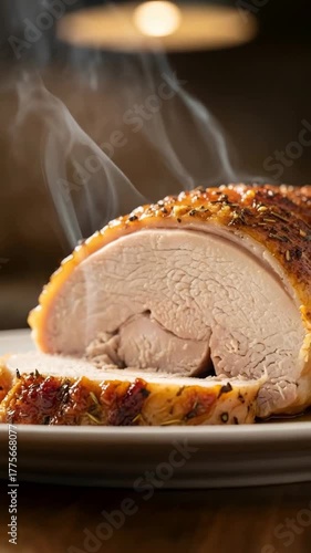 Sliced, steaming, roasted turkey on a white plate, perfect for a Thanksgiving Day or holiday dinner feast footage.