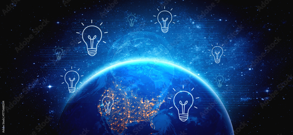 Obraz premium Concept of global innovation and shared knowledge. A network of creative ideas and brainstorming from around the world leads to new business solutions and bright insights. Fermion