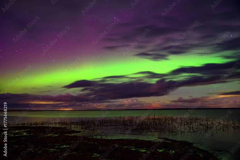 Obraz premium Vivid northern lights glow in green and purple hues over a calm lake beneath a starry night sky with clouds.