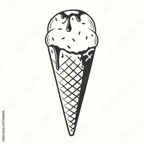 A delicious looking monotone vanilla ice cream cone has sweet sauce drizzled on top