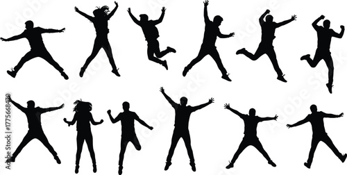 Silhouette of people jumping in joy, group celebration, freedom and happiness concept, active lifestyle vector, energetic human motion illustration