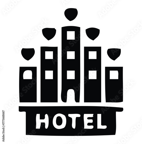 Illustration of a hotel building with multiple stories and a sign displaying the word hotel in black