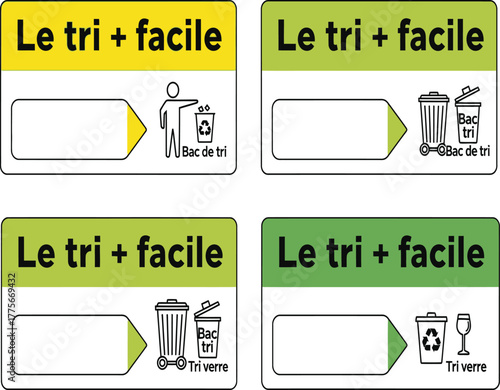 Collection of french recycling stickers isolated on white background, featuring the phrase le tri facile and various symbols for sorting waste