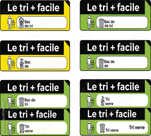 Set of french recycling labels isolated on white background, featuring le tri facile and icons for sorting waste, promoting environmental awareness