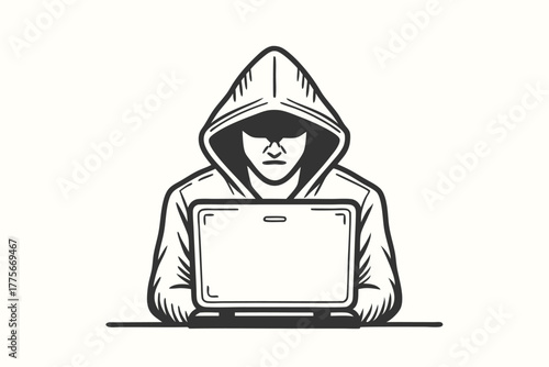 A shadowy hacker with a hood is shown intensely working on his laptop