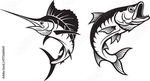 Billfish and Game Fish Emblems Marlin/Sailfish and Bass, Black and White Vector