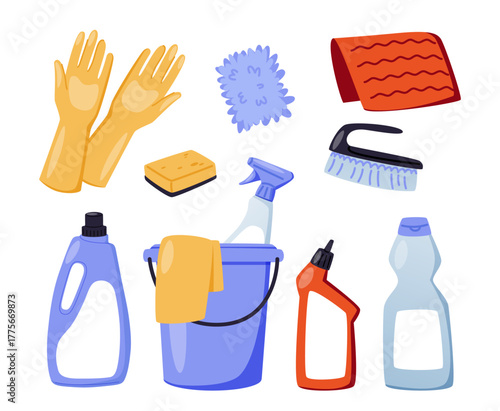 Cleaning supplies set. Home chemical detergent in bottles, household tools, equipment. Brush, mop and gloves, housework