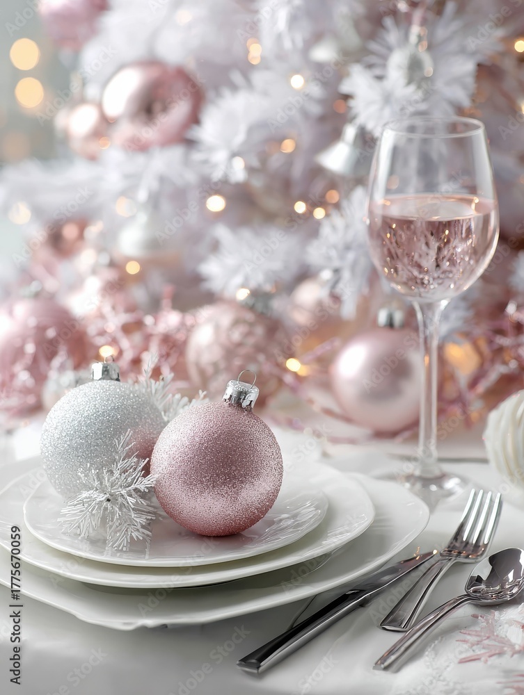 Fototapeta premium a close picture of silver and pink decorations on a white new year tree place setting for christmas in white with white christmas tree no logos no brands ar 34