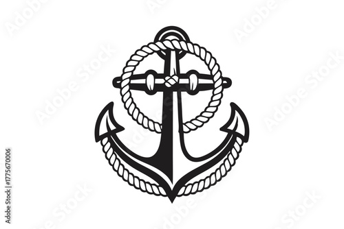 A monochrome nautical anchor is entwined by a thick rope for securing ships