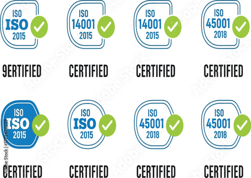 Set of iso certification logos isolated on white background, signifying adherence to international standards for quality, environment, and safety management systems