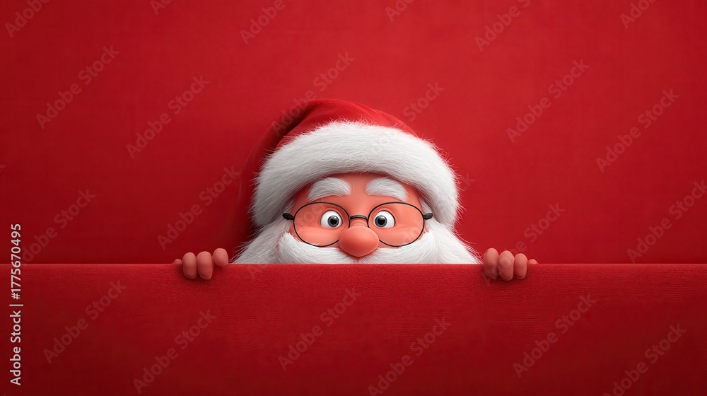 Naklejka premium cute whimsical santa claus peeking over red surface illustration