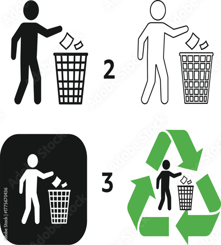 Illustrations of littering and recycling symbols isolated on white background, depicting a person throwing trash into a bin and a recycling logo with arrows