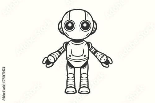 A smiling cartoon monochrome robot with large eyes is standing alone over white