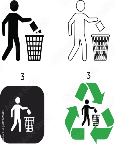 Collection of littering and recycling icons isolated on white background, featuring a person disposing of trash and a green recycling symbol with arrows